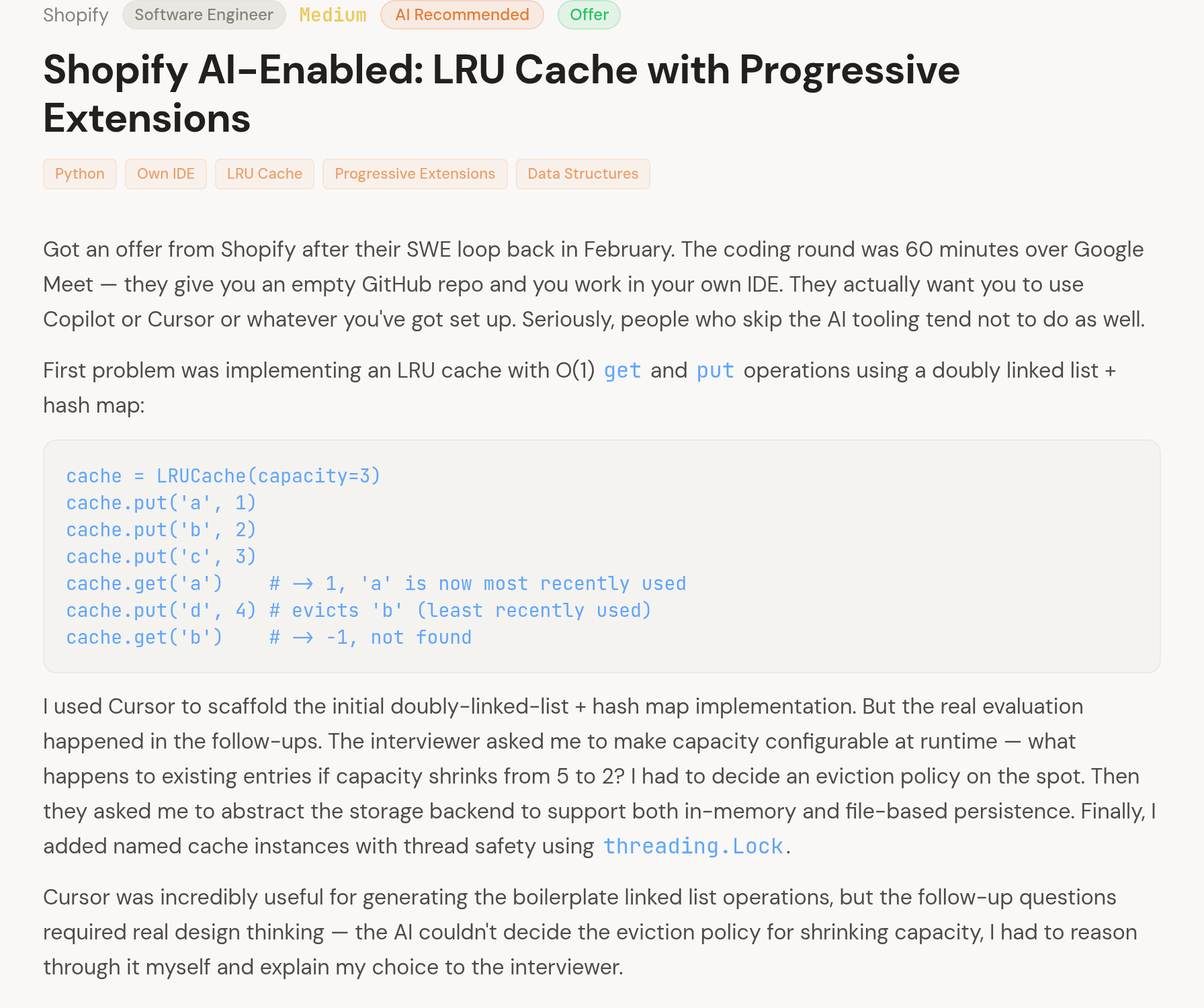 Each experience includes the full problem, AI setup details, and candidate narrative.