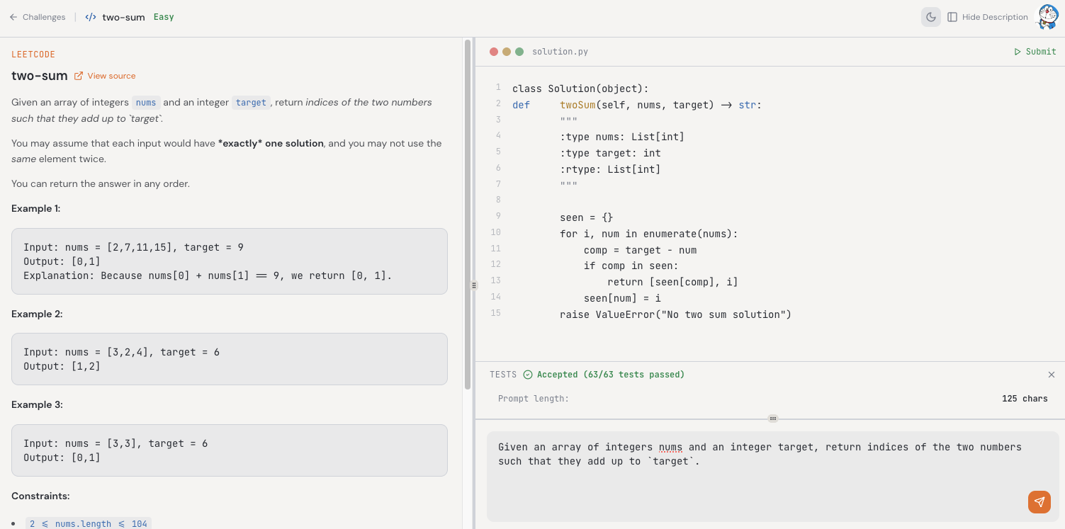 Write the shortest prompt possible for Leetcode Two Sum.