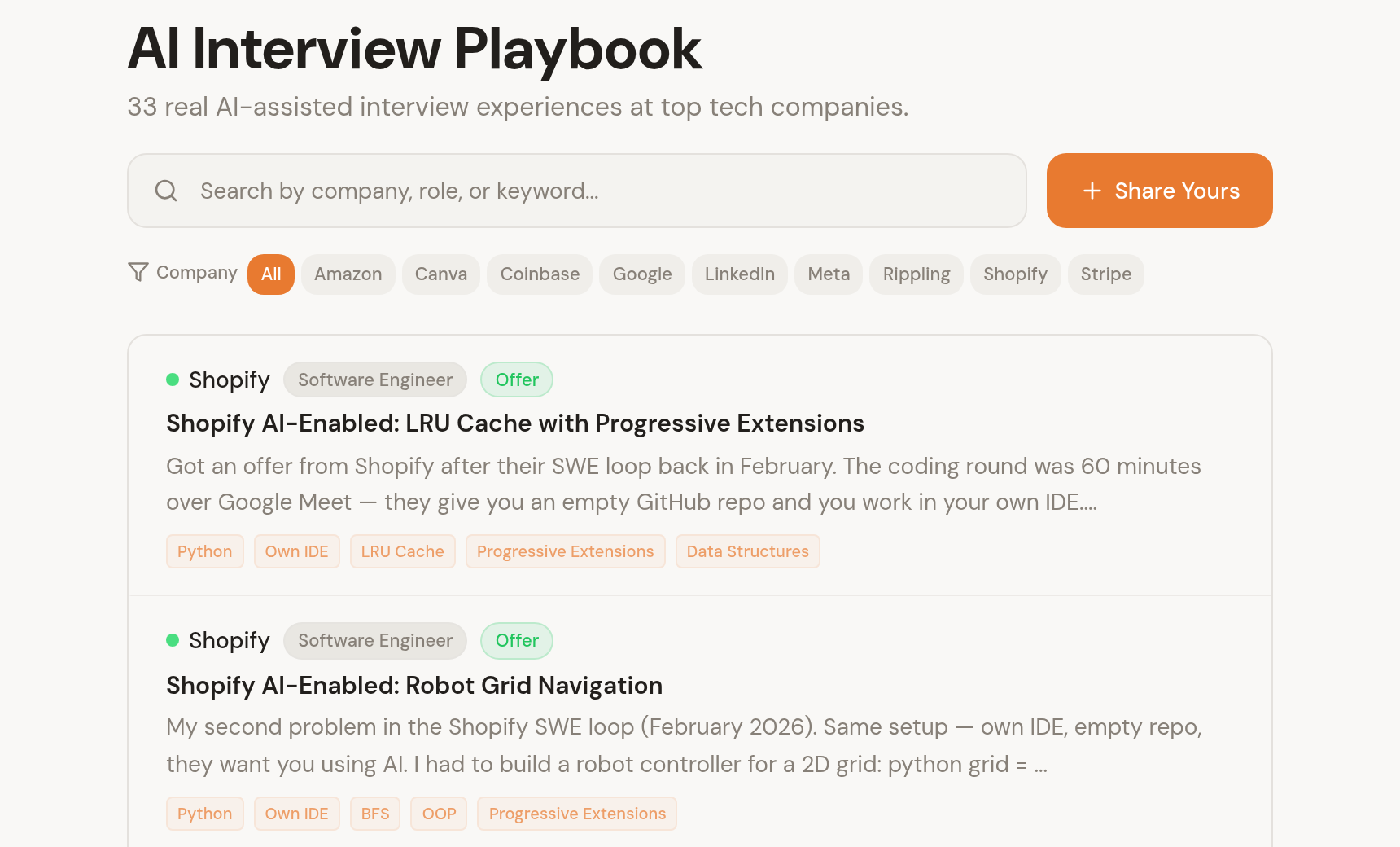 Browse real AI interview experiences from top tech companies.